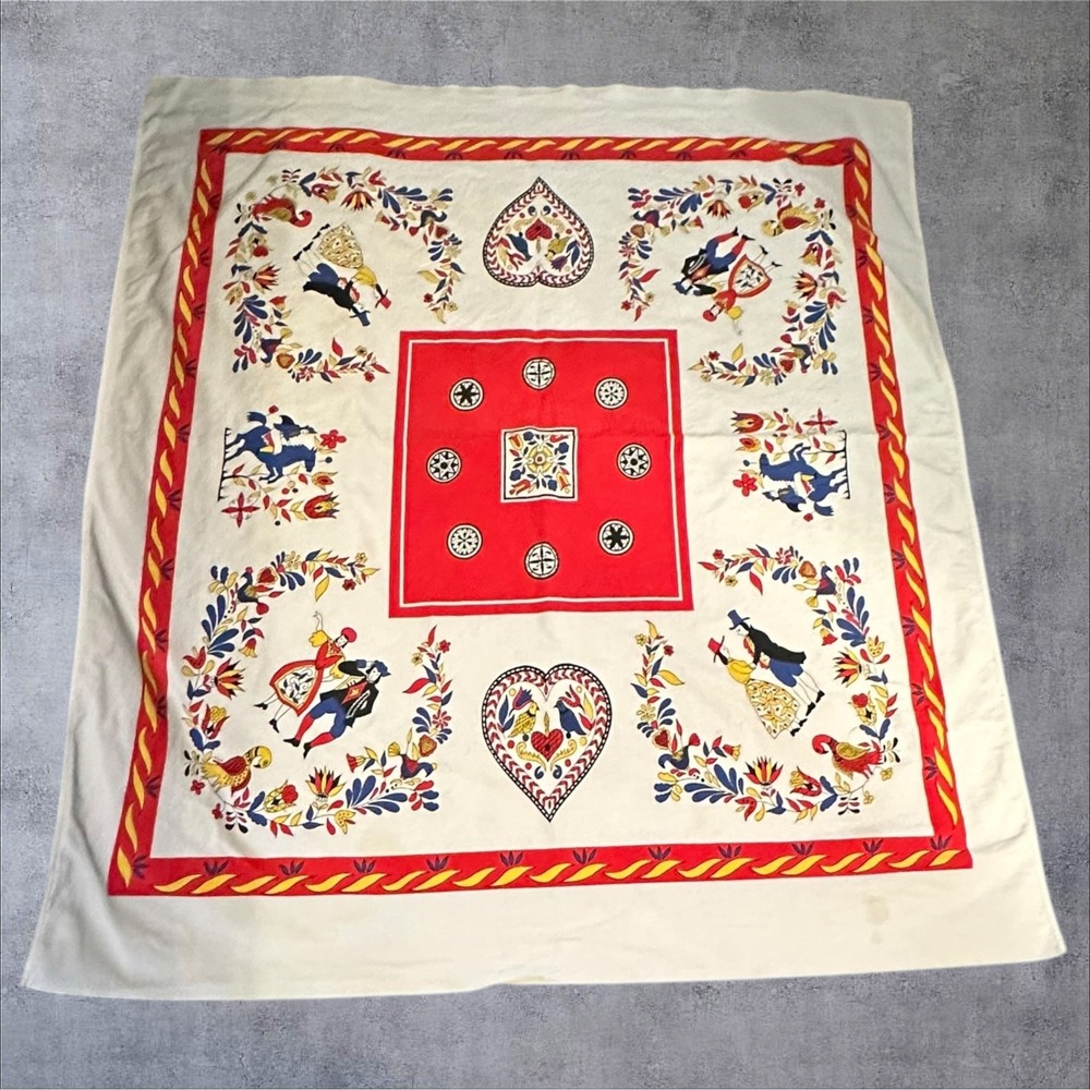 Vintage Folk Art Tablecloth 51x44 Cream Red Scandinavian Heart